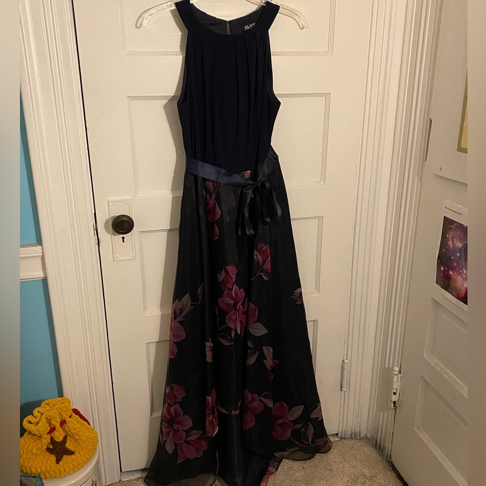 SLNY Size 8 Black and Pink Halter Maxi Dress w/ Hi-Lo Skirt